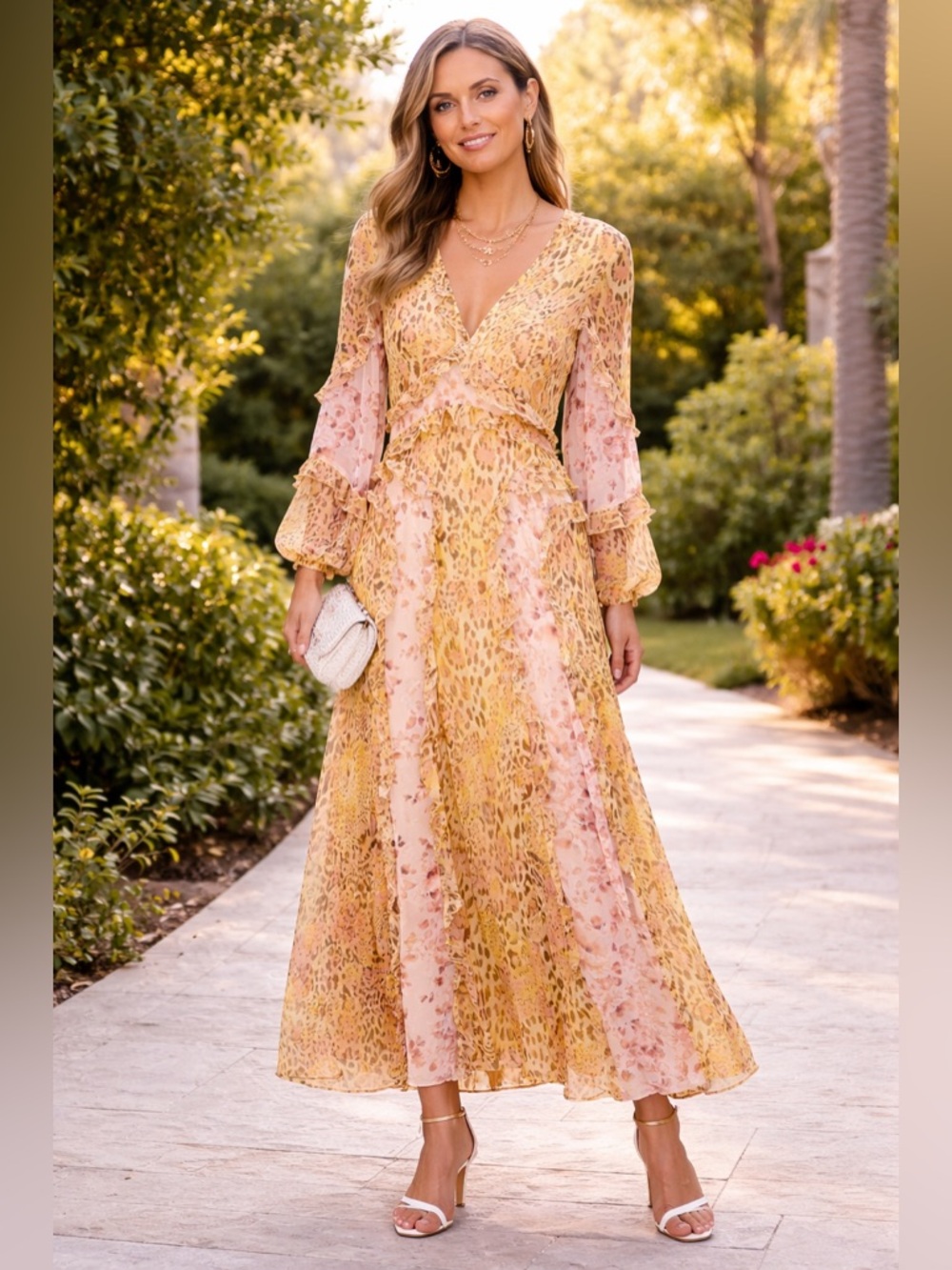 New Bardot Women's Pink Yellow Print Ruffled Long-Sleeve V-Neck Maxi Dress